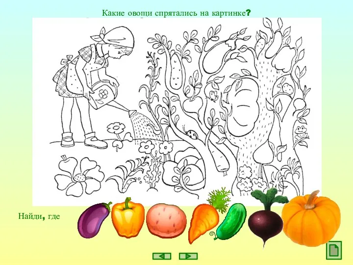 Какие овощи спрятались на картинке? Найди, где