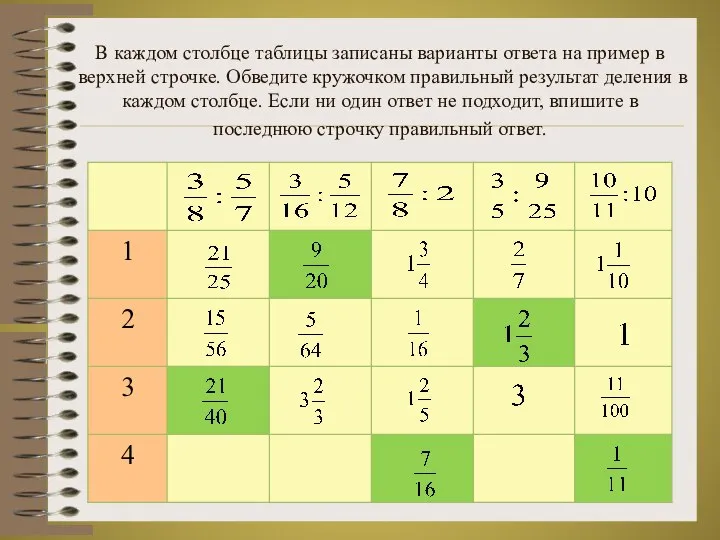 В каждом столбце таблицы записаны варианты ответа на пример в верхней