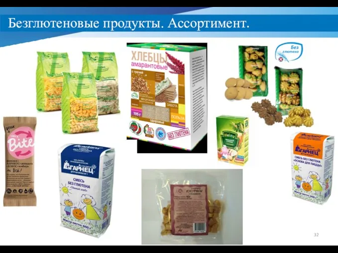 Безглютеновые продукты. Ассортимент.