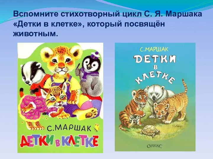 Вспомните стихотворный цикл С. Я. Маршака «Детки в клетке», который посвящён животным.