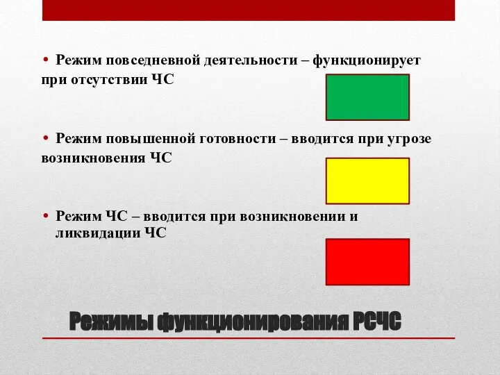 Режимы функционирования РСЧС Режим повседневной деятельности – функционирует при отсутствии ЧС