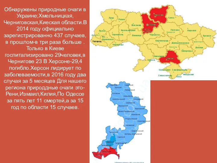 Обнаружены природные очаги в Украине;Хмельницкая,Черниговская,Киеская области.В 2014 году официально зарегистрированно 437