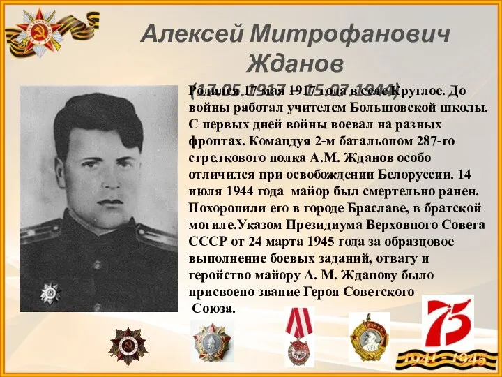 Алексей Митрофанович Жданов (17.05.1917 – 15.07.1944) Родился 17 мая 1917 года