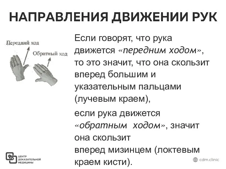 Если говорят, что рука движется «передним ходом», то это значит, что