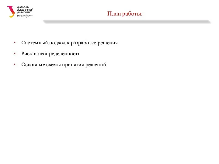 План работы: Системный подход к разработке решения Риск и неопределенность Основные схемы принятия решений