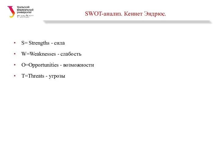 SWOT-анализ. Кеннет Эндрюс. S= Strengths - сила W=Weaknesses - слабость O=Opportunities - возможности T=Threats - угрозы