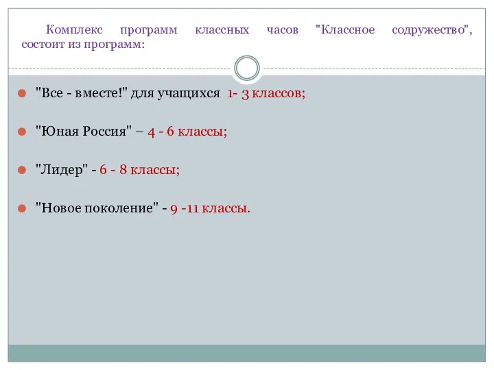 Комплекс программ классных часов "Классное содружество", состоит из программ: "Все -