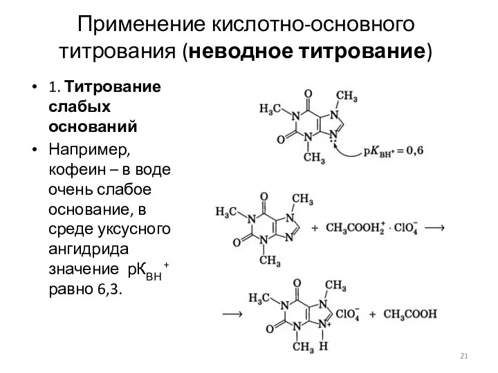 Применение кислотно-основного титрования (неводное титрование) 1. Титрование слабых оснований Например, кофеин