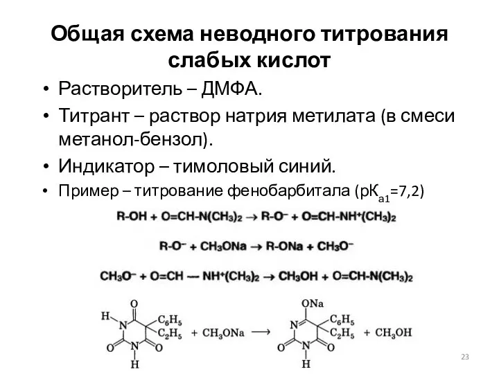 Общая схема неводного титрования слабых кислот Растворитель – ДМФА. Титрант –