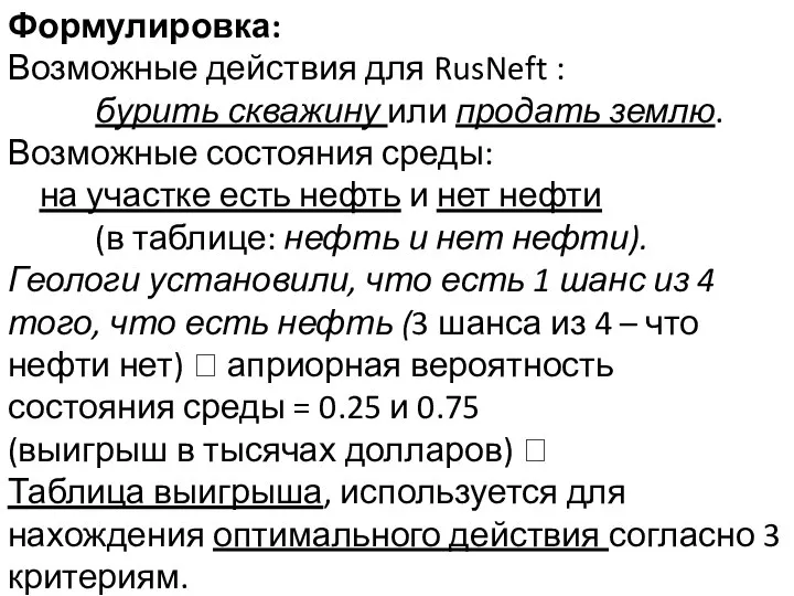 Формулировка: Возможные действия для RusNeft : бурить скважину или продать землю.