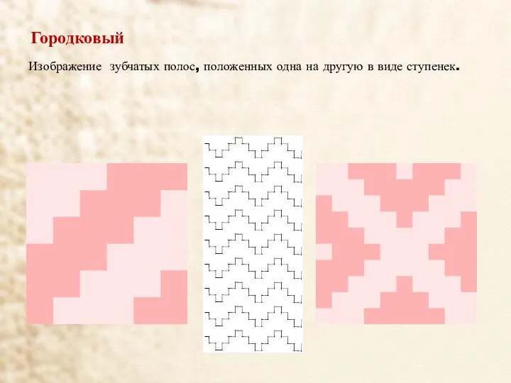 Городковый Изображение зубчатых полос, положенных одна на другую в виде ступенек.