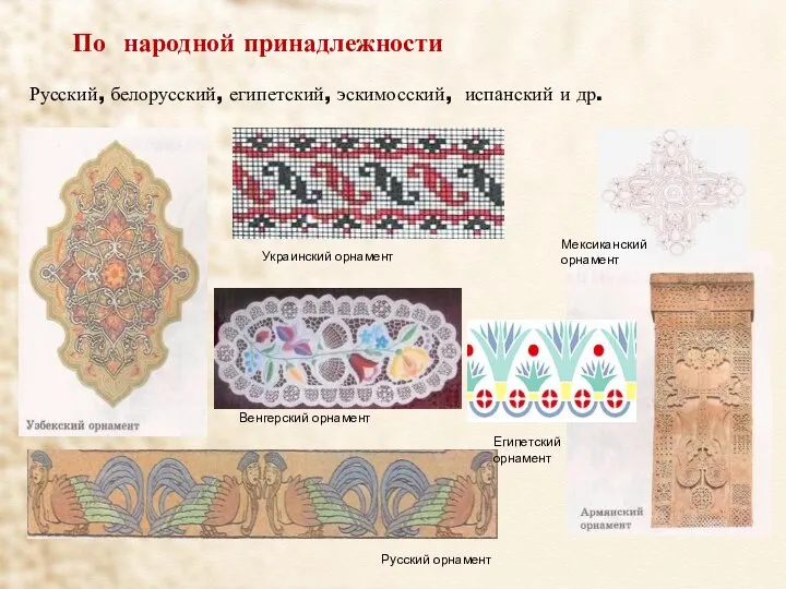 По народной принадлежности Украинский орнамент Русский орнамент Венгерский орнамент Мексиканский орнамент