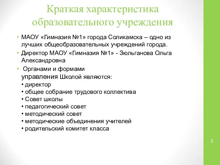 Краткая характеристика образовательного учреждения МАОУ «Гимназия №1» города Соликамска – одно