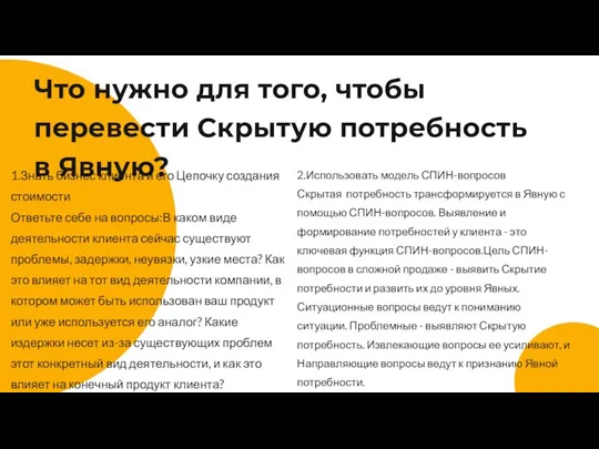 Что нужно для того, чтобы перевести Скрытую потребность в Явную? 1.Знать