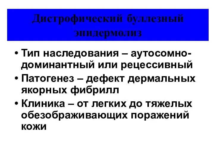 Дистрофический буллезный эпидермолиз Тип наследования – аутосомно-доминантный или рецессивный Патогенез –