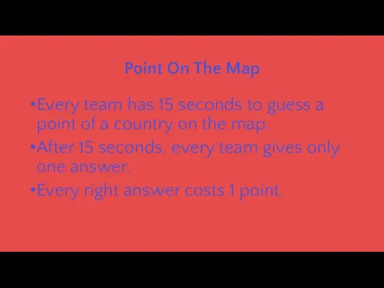 Point On The Map Every team has 15 seconds to guess