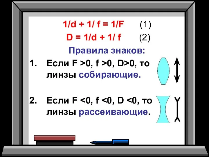 1/d + 1/ f = 1/F (1) D = 1/d +