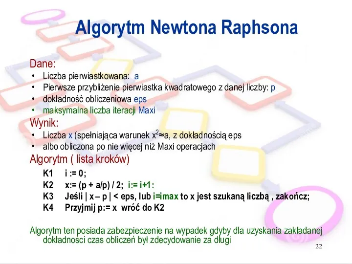 Algorytm Newtona Raphsona Dane: Liczba pierwiastkowana: a Pierwsze przybliżenie pierwiastka kwadratowego