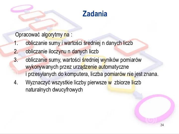 Zadania Opracować algorytmy na : obliczanie sumy i wartości średniej n