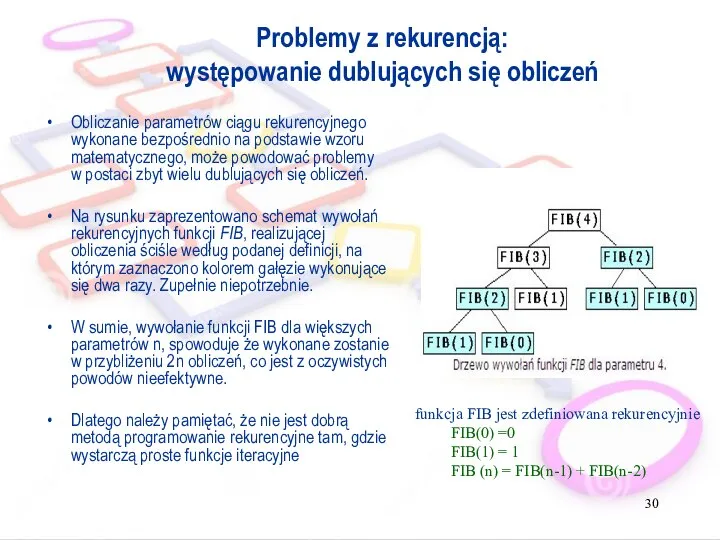 Problemy z rekurencją: występowanie dublujących się obliczeń Obliczanie parametrów ciągu rekurencyjnego