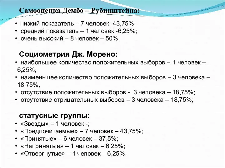 Самооценка Дембо – Рубинштейна: низкий показатель – 7 человек- 43,75%; средний