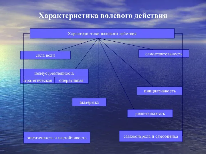 Характеристика волевого действия Характеристики волевого действия сила воли самостоятельность целеустремленность стратегическая