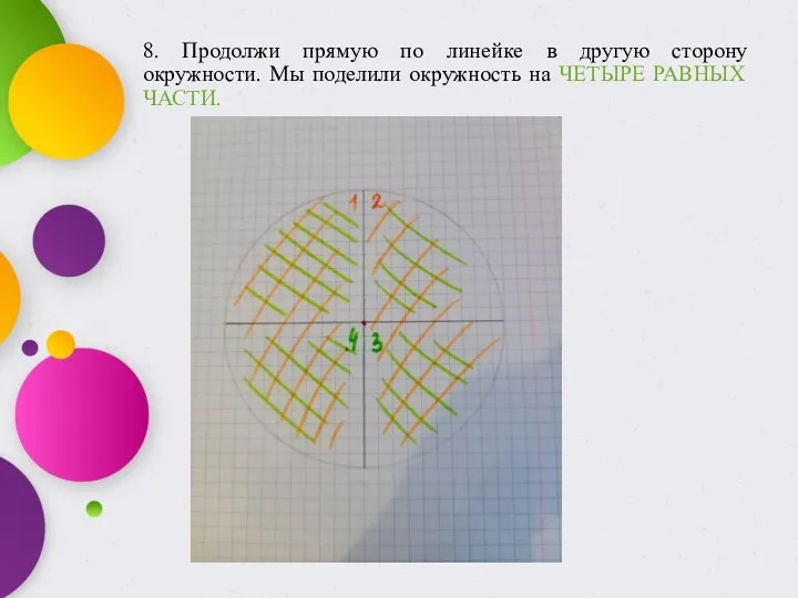 8. Продолжи прямую по линейке в другую сторону окружности. Мы поделили окружность на ЧЕТЫРЕ РАВНЫХ ЧАСТИ.
