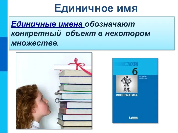 Единичные имена обозначают конкретный объект в некотором множестве. Единичное имя