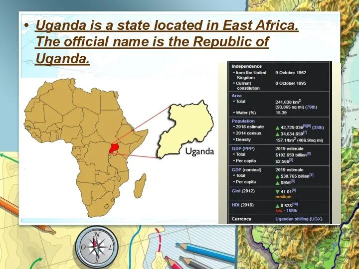 Uganda is a state located in East Africa. The official name is the Republic of Uganda.