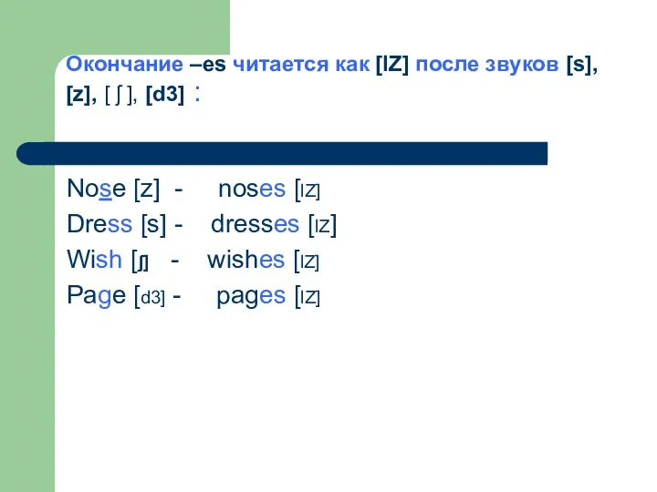 Окончание –es читается как [lZ] после звуков [s], [z], [ ʃ