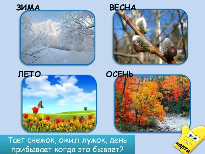 ВЕСНА Тает снежок, ожил лужок, день прибывает когда это бывает?