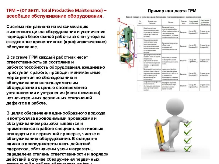 TPM – (от англ. Total Productive Maintenance) – всеобщее обслуживание оборудования.