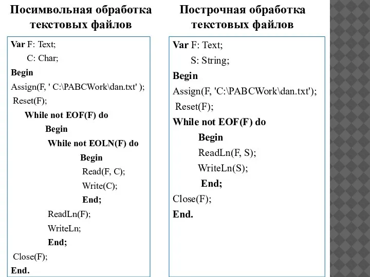 Var F: Text; C: Char; Begin Assign(F, ' С:\PABCWork\dan.txt' ); Reset(F);