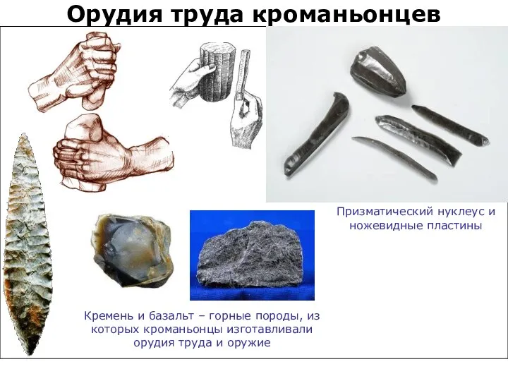 Призматический нуклеус и ножевидные пластины Кремень и базальт – горные породы,