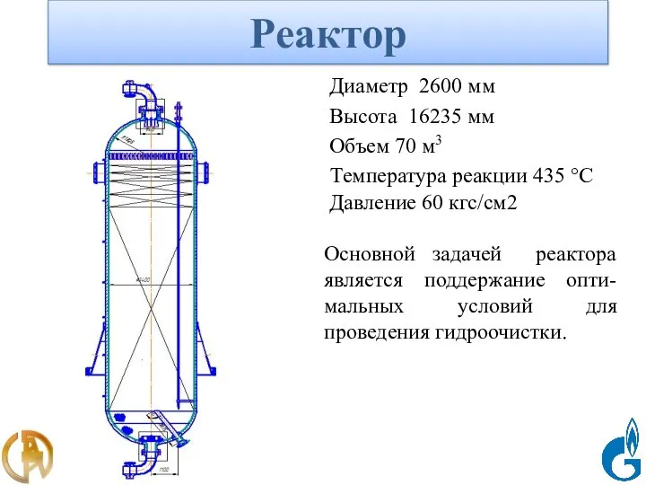 Реактор Диаметр 2600 мм Высота 16235 мм Объем 70 м3 Температура