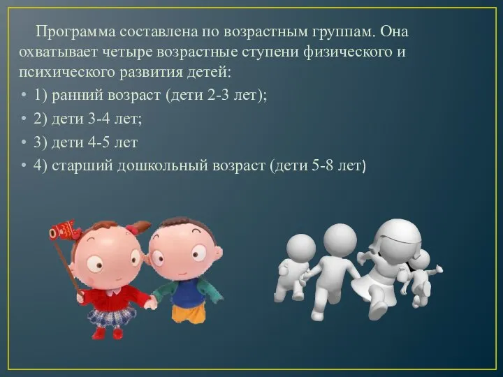 Программа составлена по возрастным группам. Она охватывает четыре возрастные ступени физического