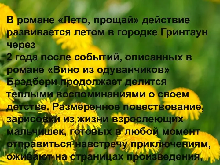 В романе «Лето, прощай» действие развивается летом в городке Гринтаун через