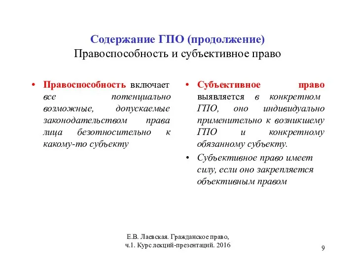 Содержание ГПО (продолжение) Правоспособность и субъективное право Правоспособность включает все потенциально