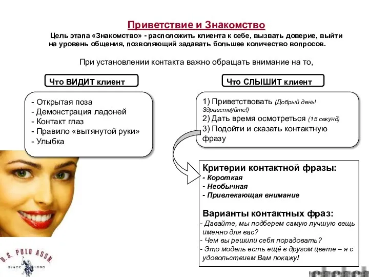 Приветствие и Знакомство Цель этапа «Знакомство» - расположить клиента к себе,