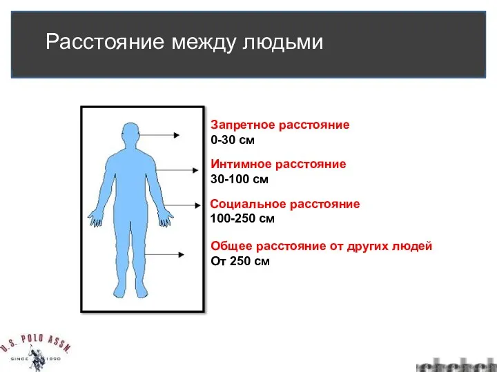 Запретное расстояние 0-30 см Интимное расстояние 30-100 см Социальное расстояние 100-250