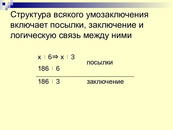 Структура всякого умозаключения включает посылки, заключение и логическую связь между ними