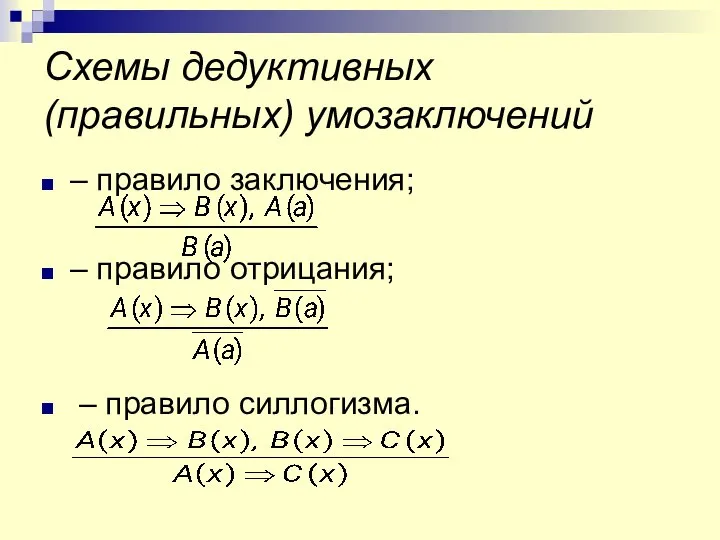 Схемы дедуктивных (правильных) умозаключений – правило заключения; – правило отрицания; – правило силлогизма.