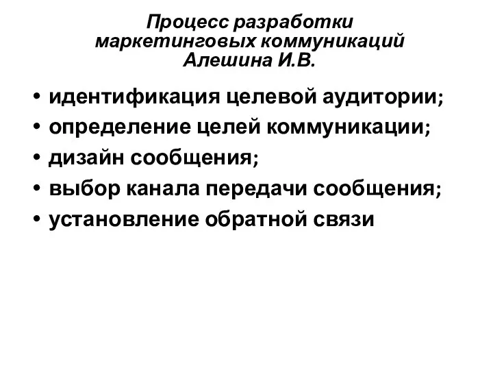 Процесс разработки маркетинговых коммуникаций Алешина И.В. идентификация целевой аудитории; определение целей