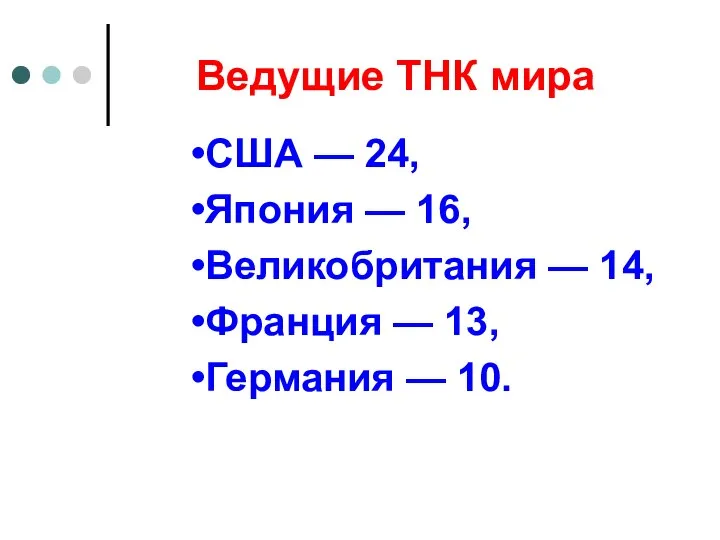 Ведущие ТНК мира США — 24, Япония — 16, Великобритания —