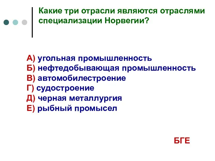 Какие три отрасли являются отраслями специализации Норвегии? А) угольная промышленность Б)