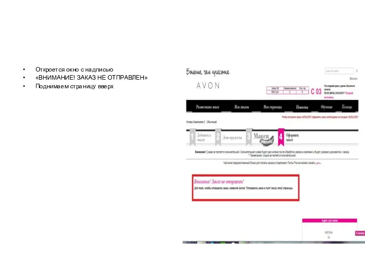 Откроется окно с надписью «ВНИМАНИЕ! ЗАКАЗ НЕ ОТПРАВЛЕН» Поднимаем страницу вверх