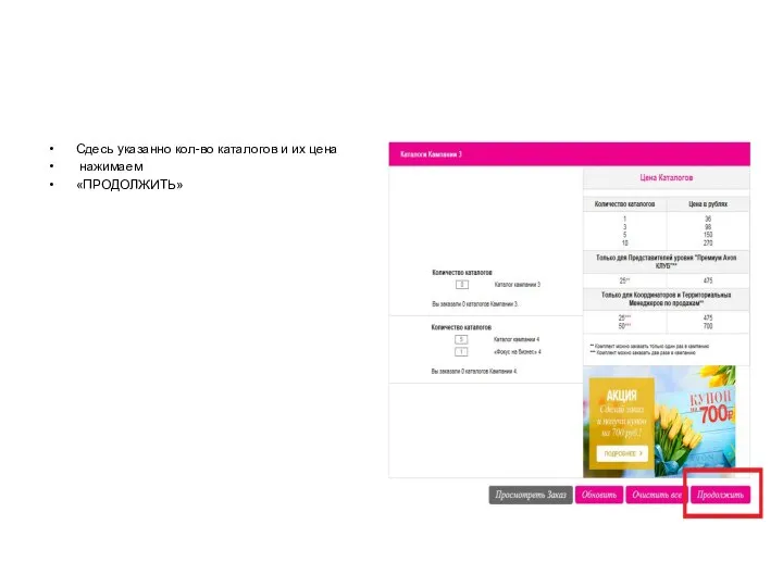 Сдесь указанно кол-во каталогов и их цена нажимаем «ПРОДОЛЖИТЬ»
