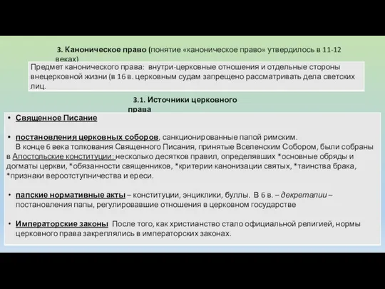 3.1. Источники церковного права 3. Каноническое право (понятие «каноническое право» утвердилось в 11-12 веках)