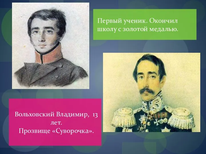 Первый ученик. Окончил школу с золотой медалью. в Вольховский Владимир, 13 лет. Прозвище «Суворочка».