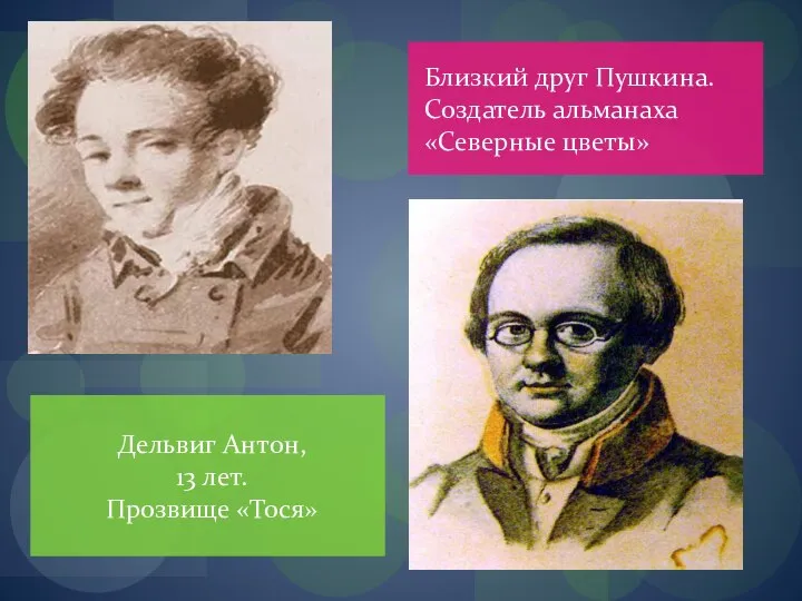 Дельвиг Антон, 13 лет. Прозвище «Тося» Близкий друг Пушкина. Создатель альманаха «Северные цветы»